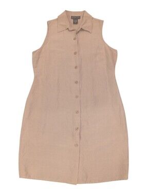 Vintage Tan Beige Finity Silk Linen Button Up Sleeveless Dress - Sz 10